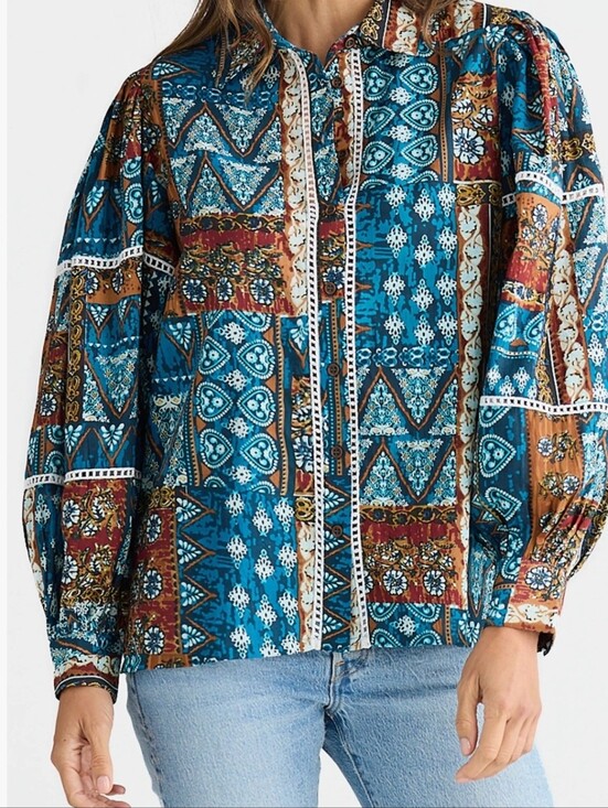 Talisman Tops - Talisman Castella Patchwork Print Cotton Button-Up Shirt, Size XS